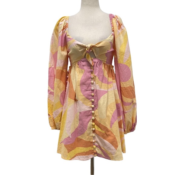 SABO Dresses & Skirts - Sabo Alya Babydoll Pink Yellow Long Puff Sleeve Mini Dress Size X-Small